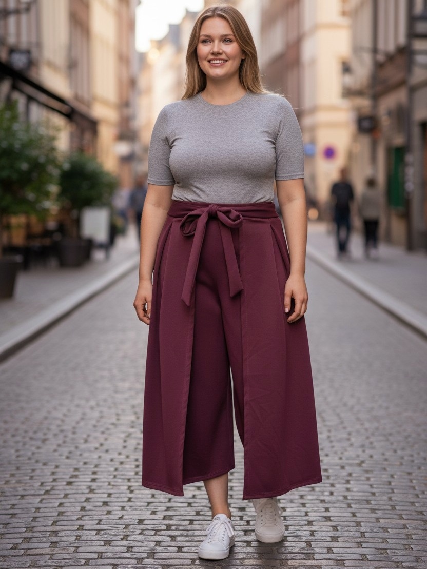 bordo culottes kalhotová sukně JERRY na modelce XXL – elegantní kalhoty pod kolena pro plnější postavu